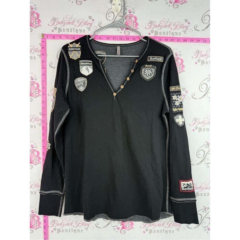 Alp N Rock long sleeve shirt Black Patch Embellished ski Henley Gold Accents
